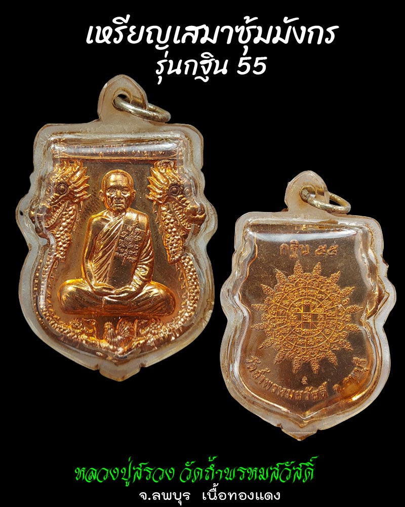 เหรียญเสมาซุ้มมังกร รุ่นกฐิน 55 หลวงปู่สรวง วัดถ้ำพรหมสวัสดิ์ เนื้อทองแดง - 1