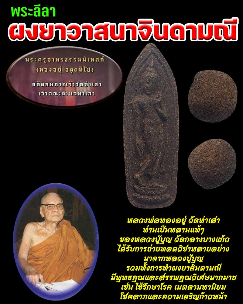 พระลีลา ผงยาวาสนาจินดามณี หลวงพ่อทองอยู่ วัดท่าเสา - 1