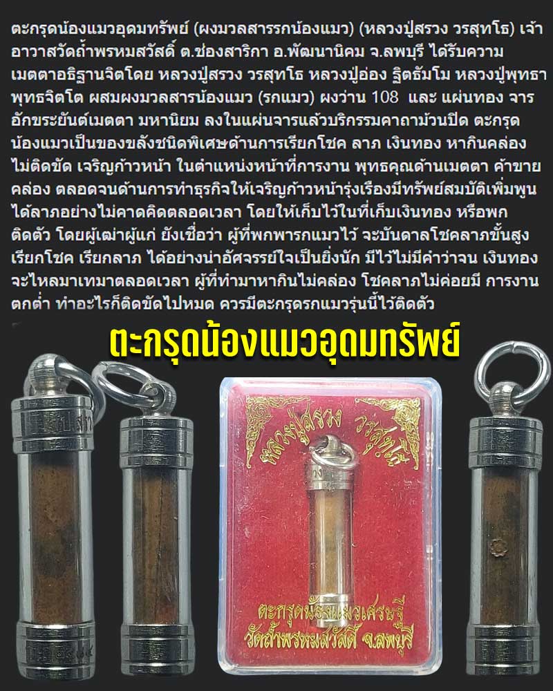 ตะกรุดน้องแมวอุดมทรัพย์ (ผงมวลสารรกแมว) หลวงปู่สรวง วัดถ้ำพรหมสวัสดิ์ - 1