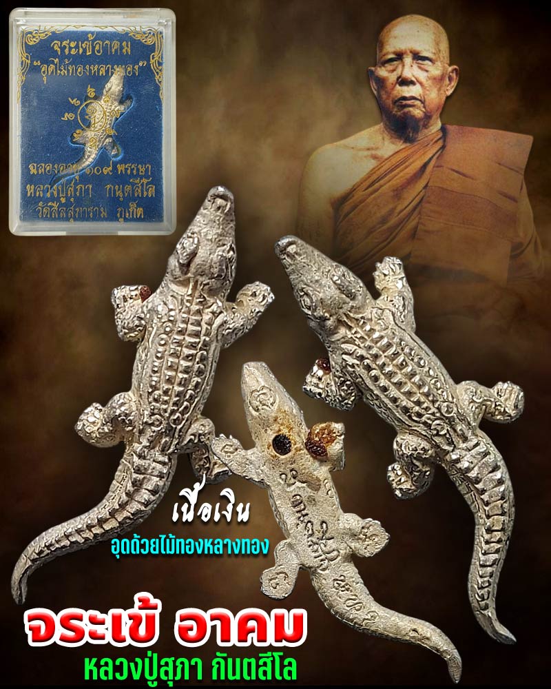 จระเข้อาคม เนื้อเงิน อุดไม้ทองหลางทอง รุ่นแรก ปี 47 หลวงปู่สุภา วัดสีลสุภาราม จ.ภูเก็ต - 1