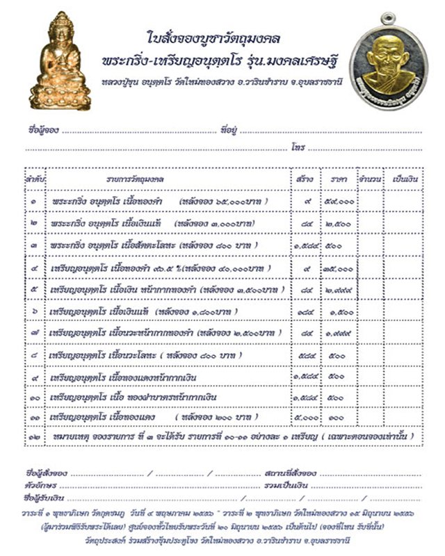 เปิดจองพระหลวงพ่อขุน อนุตตโร วัดใหม่ทองสวาง วาริน อุบล
